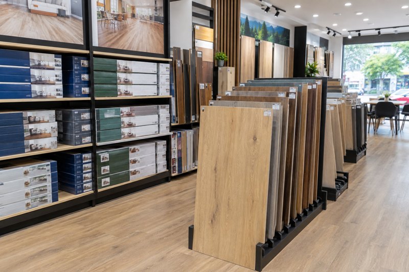 Kệ trưng bày sàn gỗ nhập khẩu tại showroom