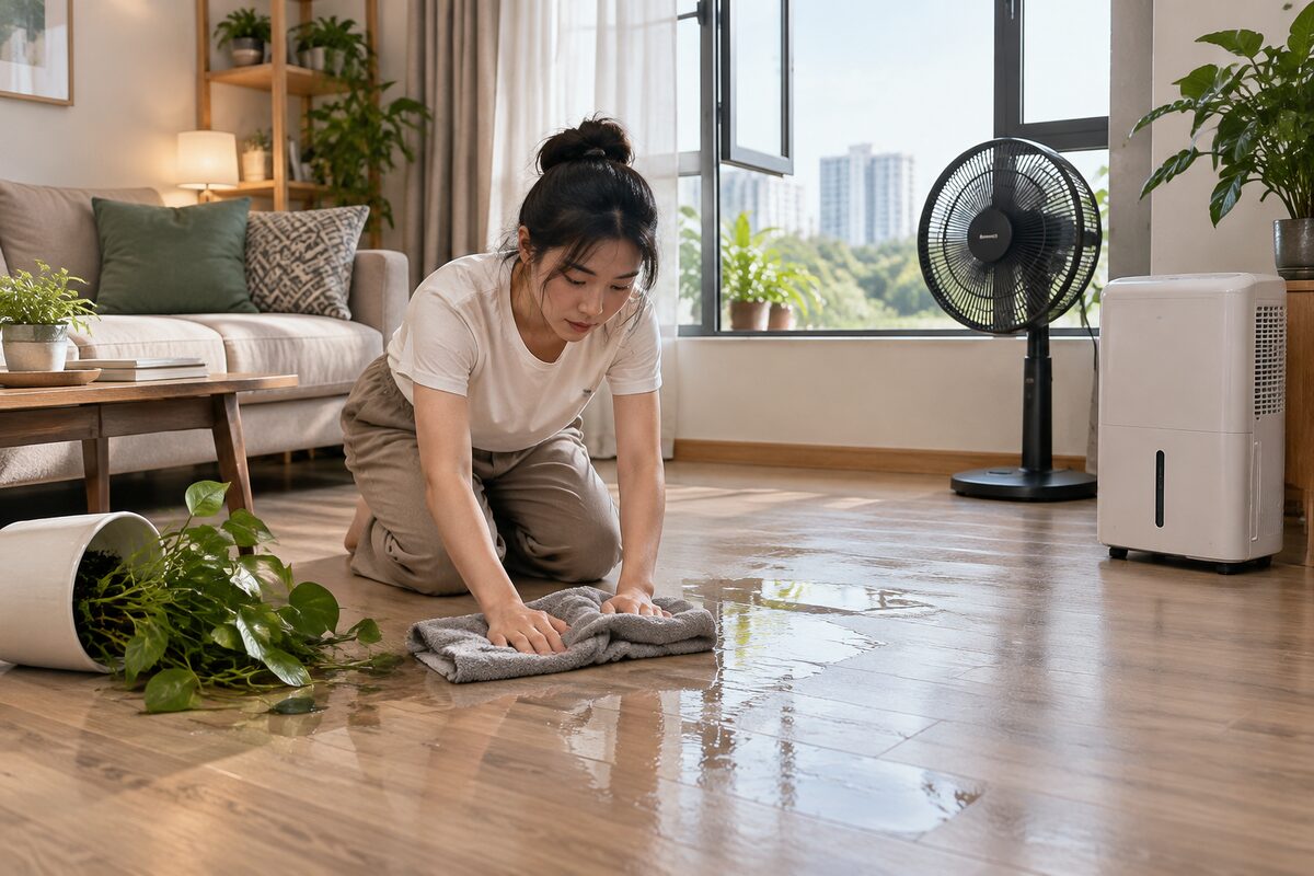 Lau khô nước đổ trên sàn gỗ công nghiệp, mở cửa và bật quạt thông gió