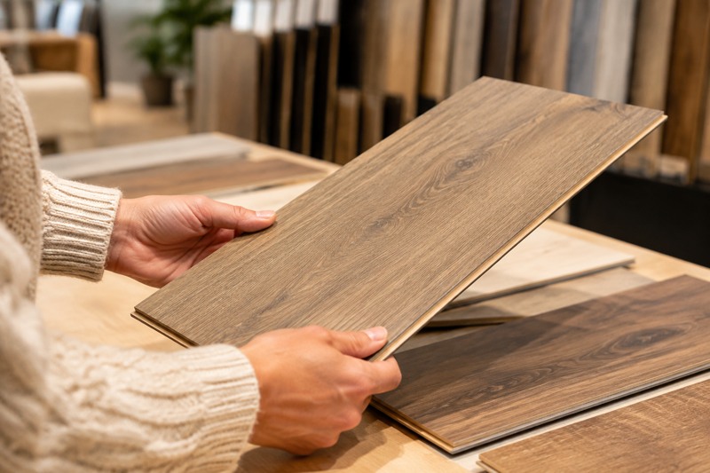 Khách kiểm tra mẫu ván sàn gỗ nhập khẩu tại showroom