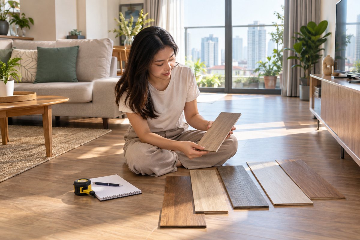 Người chọn mẫu sàn gỗ công nghiệp cho phòng khách căn hộ