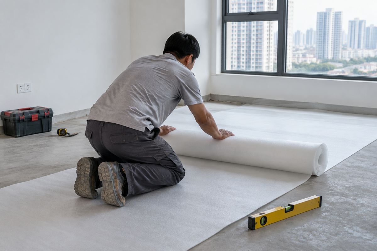 Trải lớp lót chống ẩm trước khi lát sàn gỗ