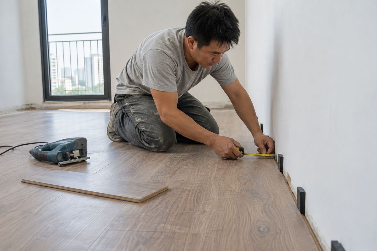 Đo khe hở giãn nở mép tường khi lắp sàn gỗ