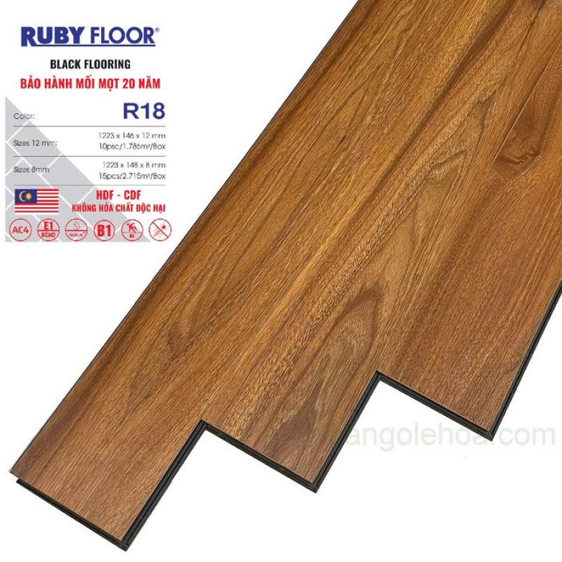 Sàn gỗ Ruby cốt đen R18 dày 12mm tỷ trọng HDF 890kg/m3 độ trương nở dưới 6%